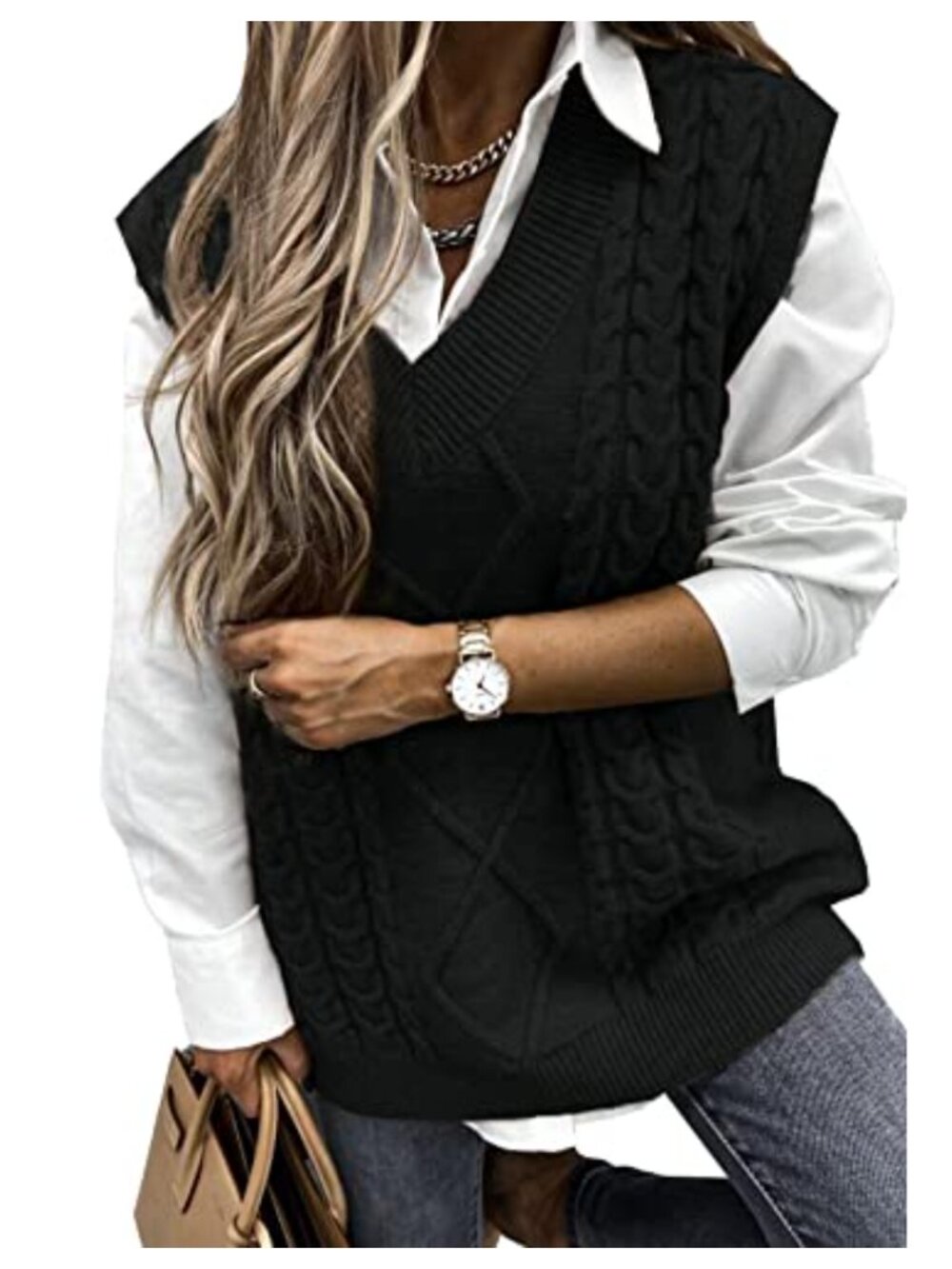 V Neck Cable Knit Sweater Vest Oversized Sleeveless Pullover Top